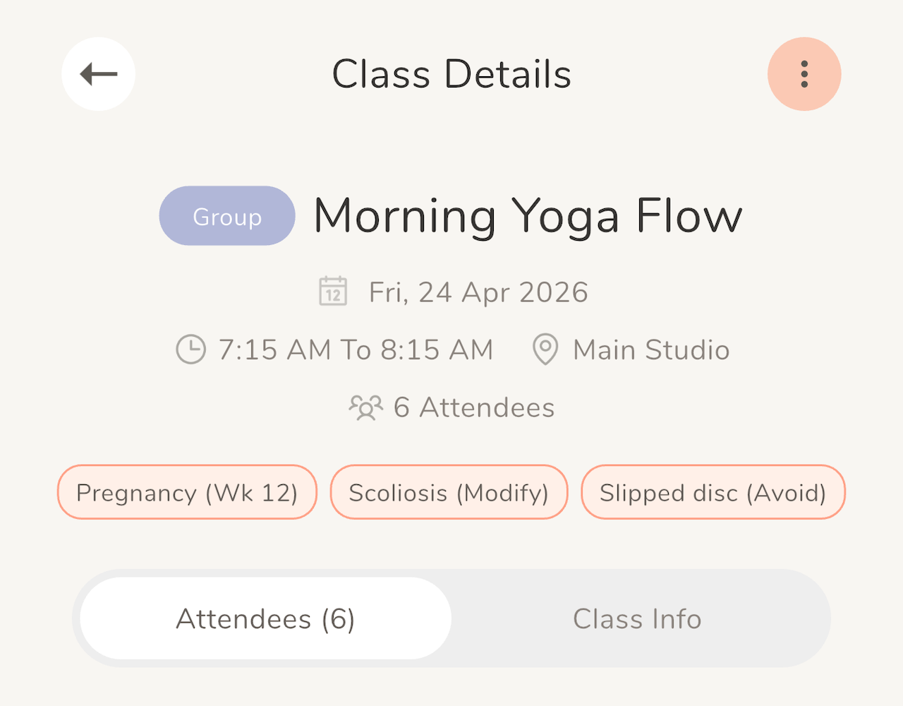 Class details with attendee precautions